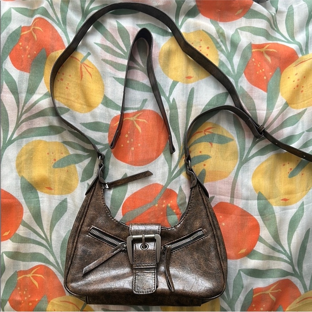 Elegant Brown Faux Leather Shoulder Bag with Flap Closure